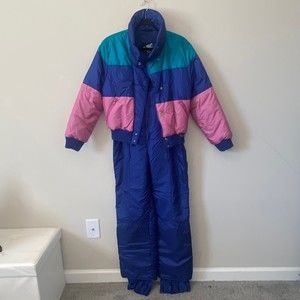 Vintage 80s Winter Snow Bib Jacket Sz Medium Pink Blue Teal Women